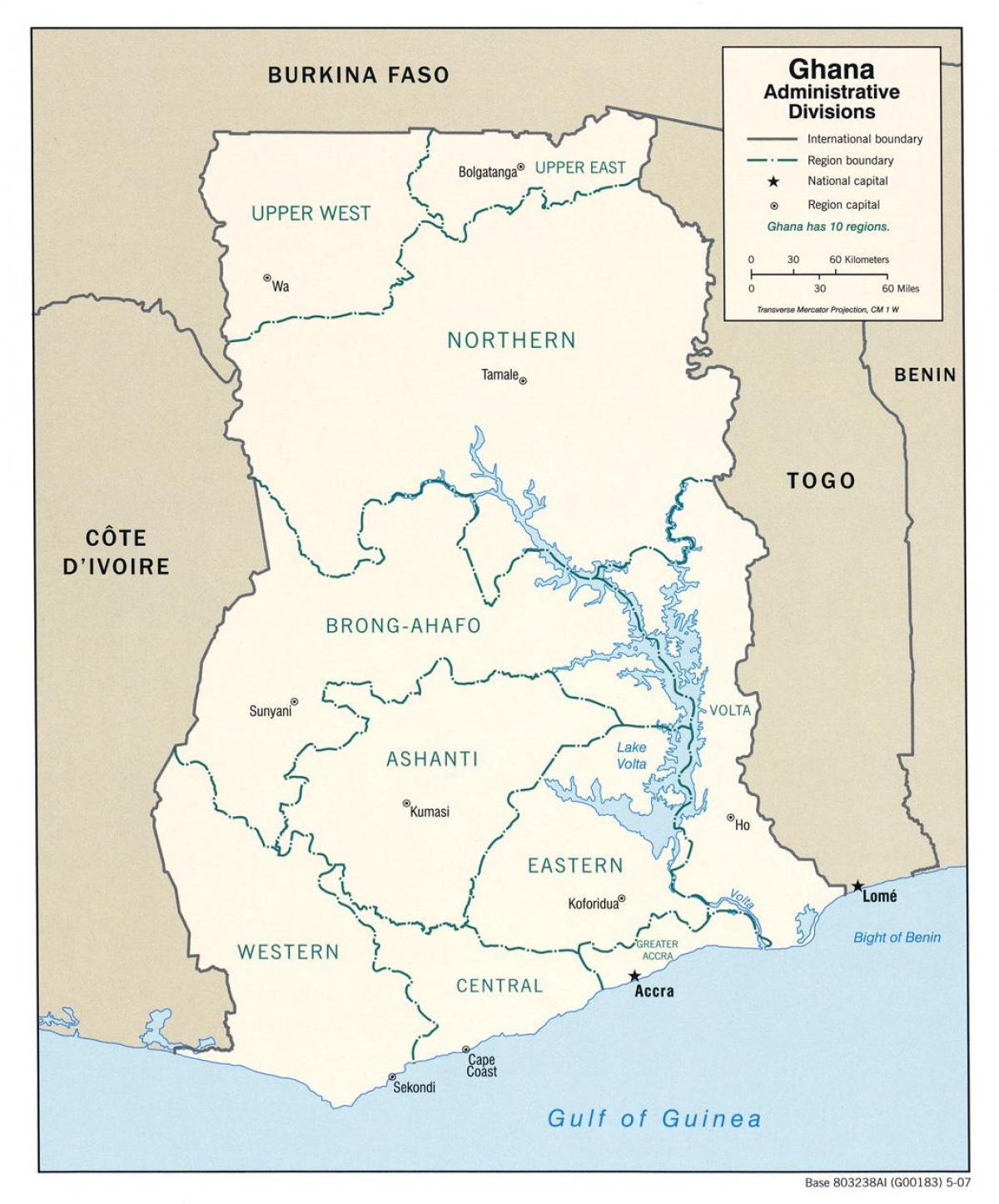 le ghana carte avec les régions et districts