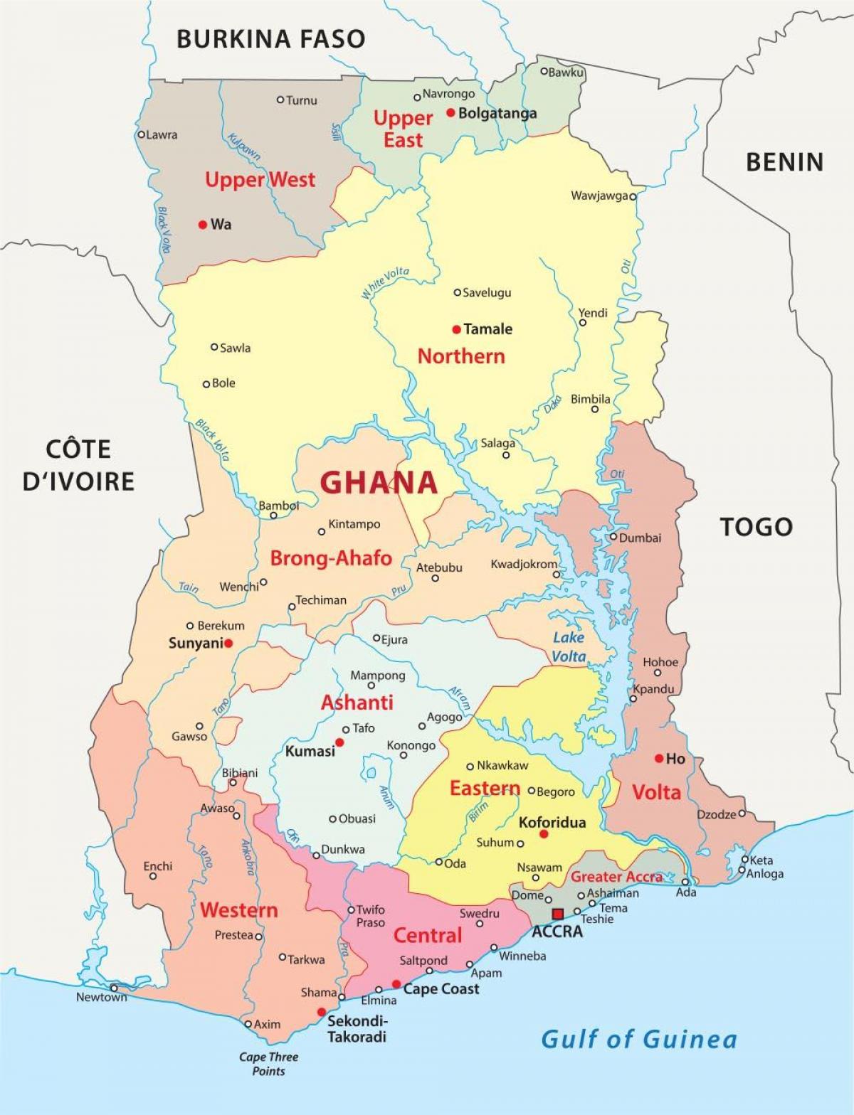 carte du ghana montrant districts